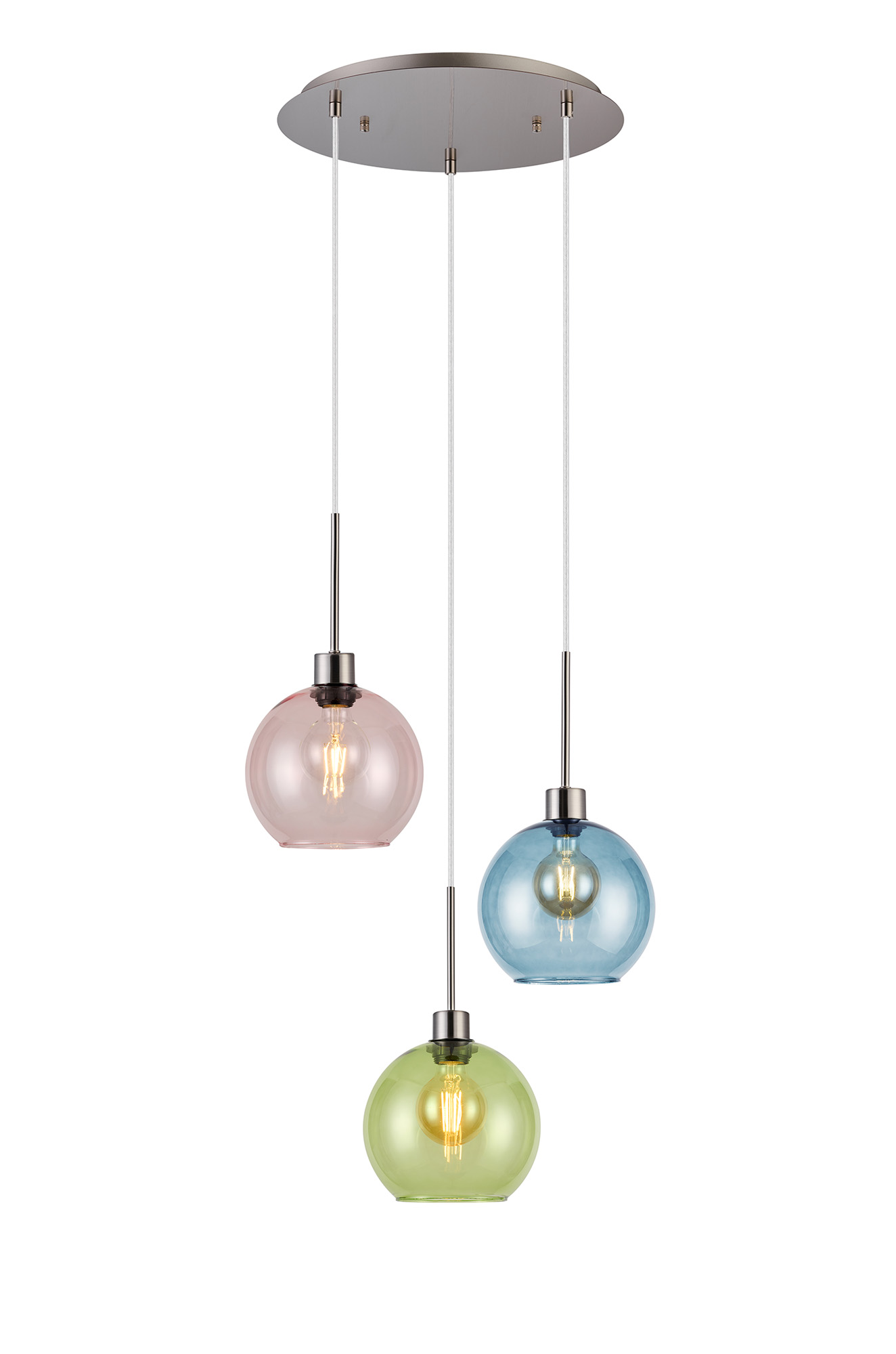 DK1368  Lori 40cm Round Pendant, 3 Light Adjustable E27, Satin Nickel/Blue/Green/Pink Open Mouth Round Globe Shades